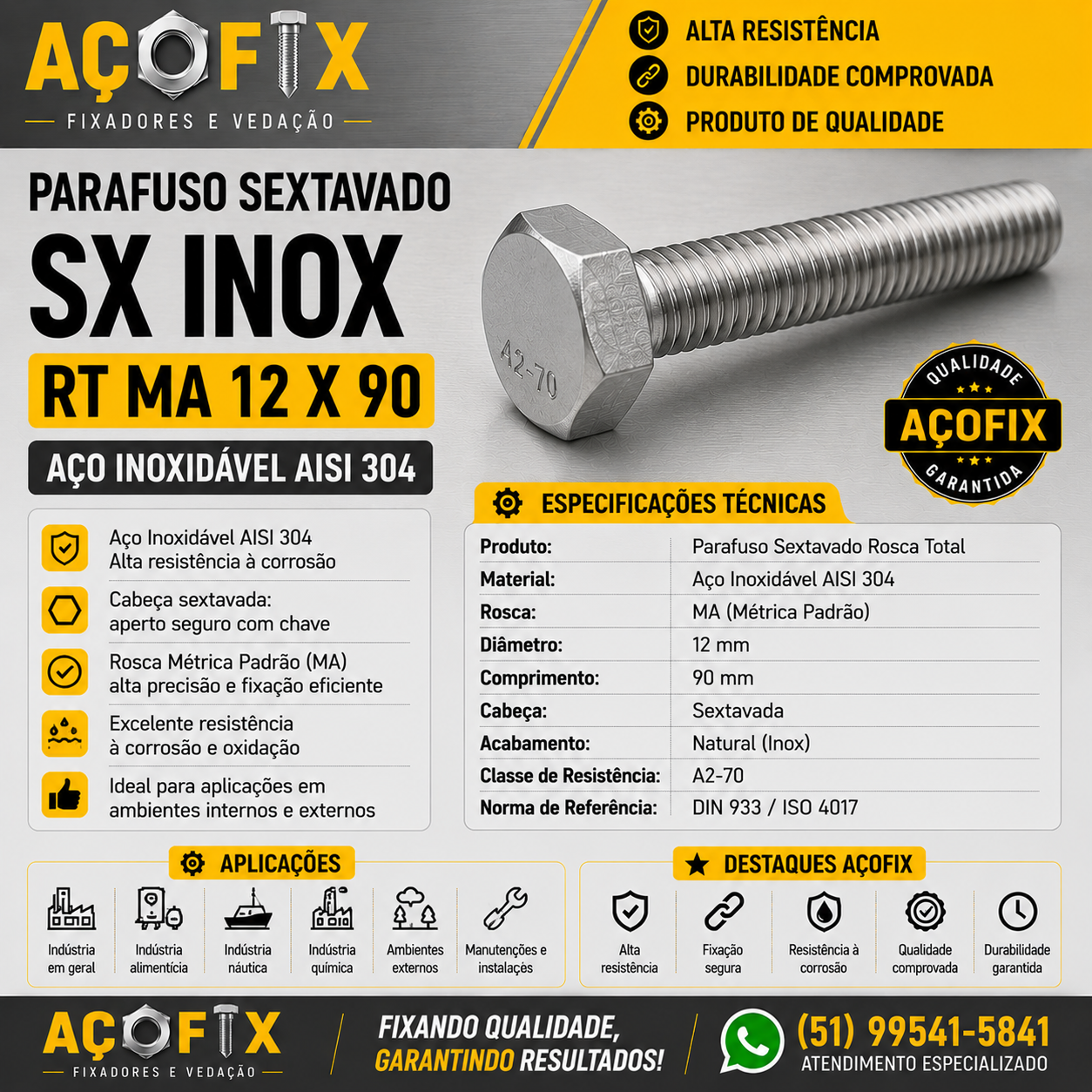 PARAFUSO SEXTAVADO INOX