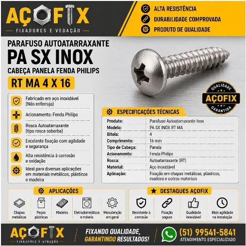PARAFUSO AUTO ATARRACHANTE SEXTAVADO RT M4 X 16 INOX