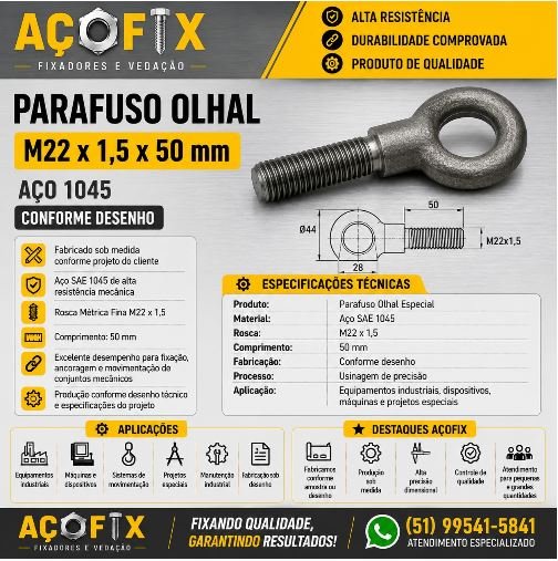PARAFUSO OLHAL  M22  X 1,5 X 50 AÇO 1045