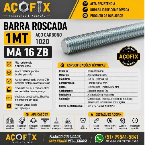BARRA ROSCADA M16 ZB AÇO 1020